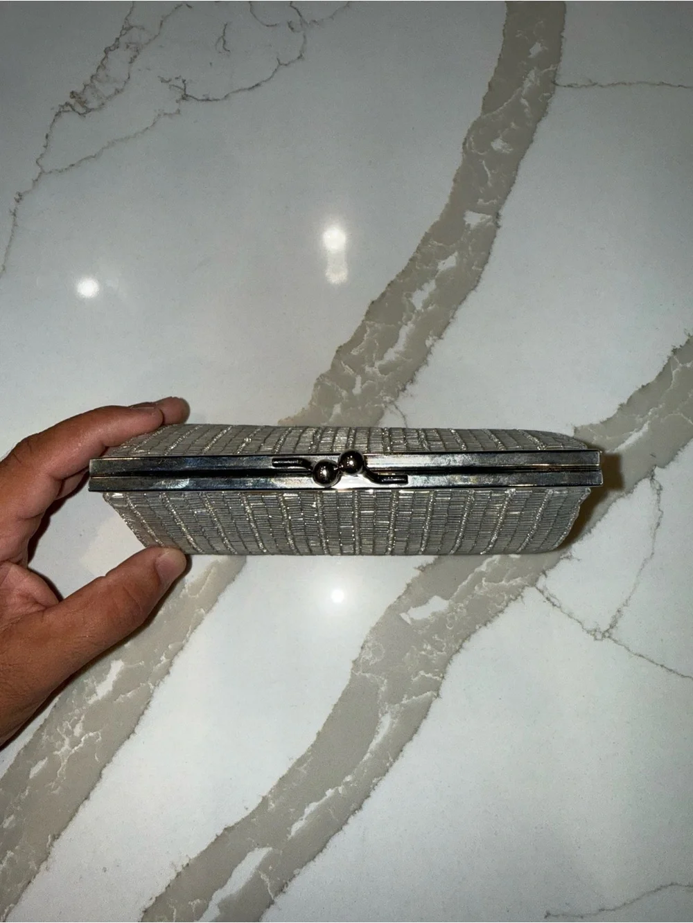 La Regale Vintage 80’s Silver Beaded Luxury Evening Clutch Metallic Clasp